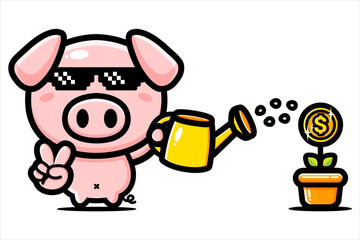 vector design of a cute and cool cute cartoon pig animal watering the money plants