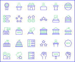 Set of vote and politics Icon line style. Contains such Icons as democracy, government, tribune, president, protest, voting, polls And Other Elements. customize color, easy resize.