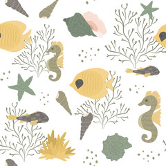 Seamless childish pattern with sea life – fish, seaweeds, seahorse, starfish, shells,
Seahorse. Perfect for kids fabric, textile, nursery wallpaper.