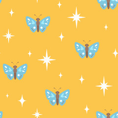 Seamless pattern with flying butterflies in the sky with stars. Cute texture for fabric, wrapping, textile, wallpaper, apparel.