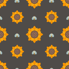 Seamless summer pattern with bright sunflowers and bees. Perfect for fabric, textile, nursery wallpaper