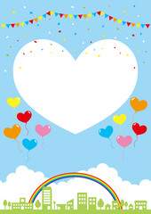 ハート風船が飛ぶ街並みと青空の背景