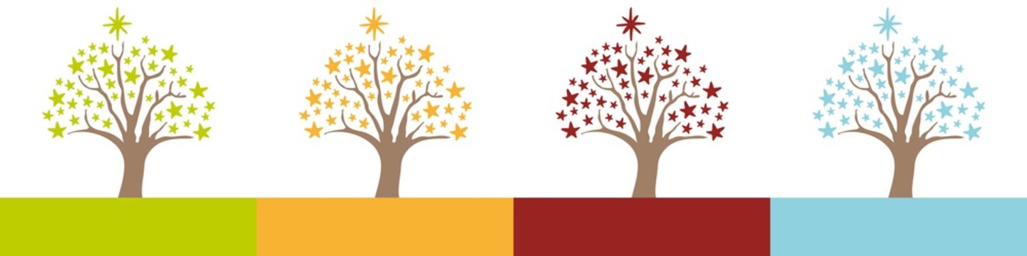 Baum vier Jahreszeiten, Lebensbaum aus Sternen f&uuml;r Fr&uuml;hling, Sommer, Herbst und Winter, Hand Zeichnung, Vektor Illustration