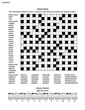 Puzzle page with two puzzles: 19x19 criss-cross word game (English language) and visual puzzle with whimsical faces. Black and white, A4 or letter sized. Answers are on separate file named p19646.
