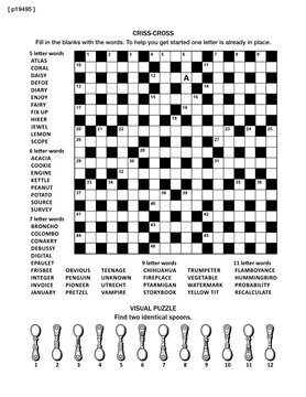 Puzzle page with two puzzles: big 19x19 criss-cross word game (English language) and small visual puzzle with spoons. Black and white, A4 or letter sized. Answers are on separate file
