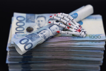 A pile of one thousand Philippines peso banknotes. Cash of Thousand dollar bills, Peso background image.