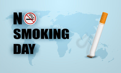 No smoking day concept. Design with cigarette and world map background. vector.