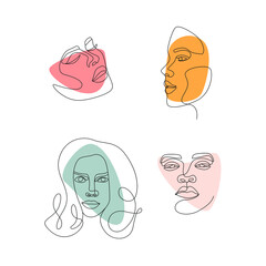 One Line art portraits. Abstract female face painting. Woman contour silhouette. Continuous drawing posters. Contemporary minimalist set. Vector Artwork.