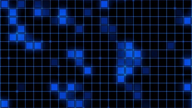 The black background is divided into squares that flash with blue neon light from top to bottom.