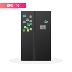 A modern large black refrigerator with a display, with magnets and photos on the door. Realistic design. On a white background. Household appliances for the home. Flat vector illustration.