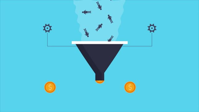 Sales funnel, digital marketing, customer conversion into money, business lead generation concept. 2d animation 4k video clip.
