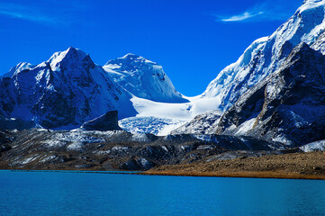 Gurudongmar Lake, Sikkim, India and it's way from Lachen, North Sikkim. A holy lake never fully freezes. It is said that Goutam Buddha drinks water from this lake.