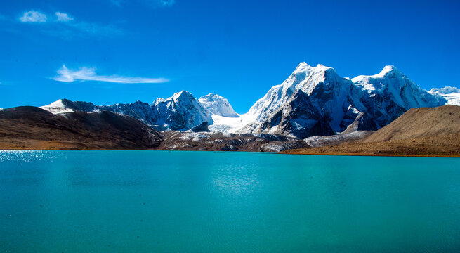 Gurudongmar Lake, Sikkim, India and it's way from Lachen, North Sikkim. A holy lake never fully freezes. It is said that Goutam Buddha drinks water from this lake.