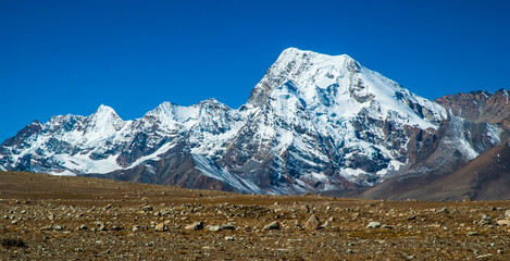 Gurudongmar Lake, Sikkim, India and it's way from Lachen, North Sikkim. A holy lake never fully freezes. It is said that Goutam Buddha drinks water from this lake.