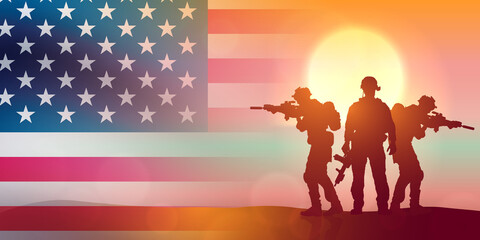 Silhouette of a soldiers against the sunrise. Concept - protection, patriotism, honor.