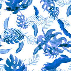 Beryl Seamless Texture. Navy Pattern Leaves. Azure Watercolor Illustration. Cobalt Tropical Painting. Blue Floral Textile. Indigo Summer Illustration. Botanical Leaves.