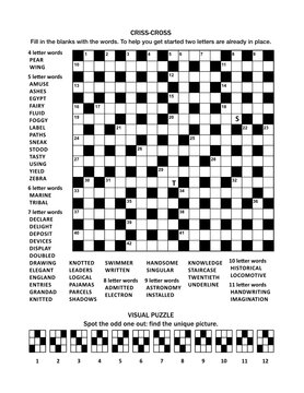 Puzzle page with 19x19 criss-cross (fill-in) crossword word game (English language) and abstract visual puzzle: Spot the odd one out: find the unique picture.
