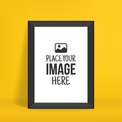 Portrait photo mockup on yellow wall, Empty interior picture frame for your design prints