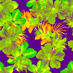 Fototapeta na wymiar Purple Watercolor Decor. Neon Flower Garden. Green Seamless Leaves. Blue Hibiscus Textile. Pattern Print. Tropical Illustration. Fashion Texture. Art Design.