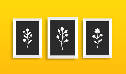 Photo frames collection mockup on yellow wall, Empty poster template for your design prints, isolated.