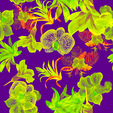 Green Hibiscus Print. Purple Flower Print. Neon Watercolor Leaf. Floral Backdrop. Seamless Leaf. Pattern Wallpaper. Tropical Wallpaper.Fashion Garden.