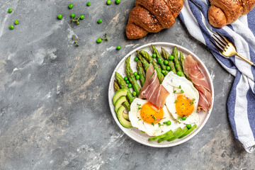 Tasty breakfast. avocado, asparagus, jamon, ham, prosciutto and fried egg on white plate. banner, menu recipe place for text, top view
