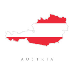 Flag map of Austria. Republic of Austria flag in country silhouette. Landmass and borders as outline, within the banner of the nation in colors red and white.