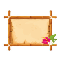 Hawaiian bamboo wooden frame with parchment and tropical flowers in cartoon style isolated on white background. Empty signboard, template poster.