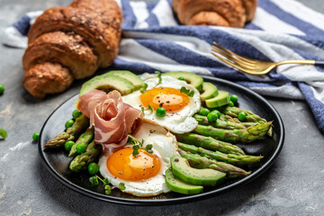 Ketogenic diet meal asparagus with prosciutto, avocado and fried eggs. Healthy food, diet lunch concept. Keto Paleo diet menu, top view