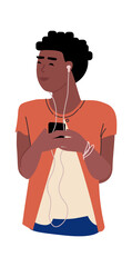 Woman listening to music. Cartoon girl with smartphone and headphones. Female character enjoying podcast or musical tunes. Happy person holding mobile. Vector relaxation and leisure