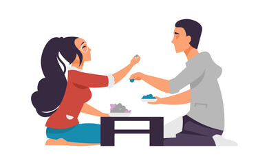 Cartoon boy and girl on date. Happy couple in cafe. People give food to try. Romantic scene. Boyfriend and girlfriend sit at table and eat meal. Vector lovers rest together in restaurant