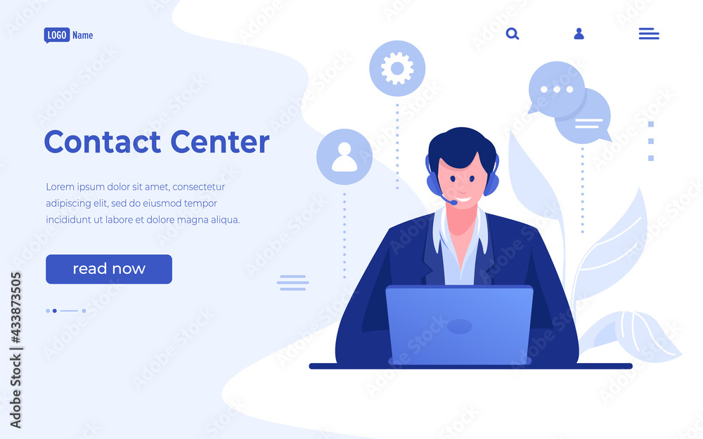 Aufkleber Contact center landing page. Website interface for customer support. Online feedback service. Cartoon operator answers clients' calls and messages. Vector UI design mockup with buttons
