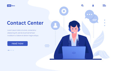 Contact center landing page. Website interface for customer support. Online feedback service. Cartoon operator answers clients' calls and messages. Vector UI design mockup with buttons
