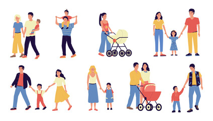 Fototapeta na wymiar Families. Parents and kids walking together. Mothers hold children by hands. Fathers carry toddlers in baby carriages. Couples spend time with sons or daughters. Vector cute scenes set