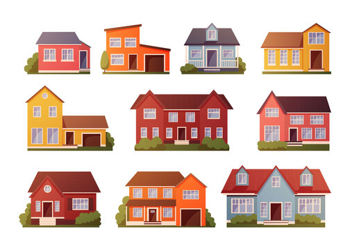 Cartoon houses. Residential buildings exteriors with roofs and doors. Neighborhood front side. Village townhouses set. Real estate construction. Cottages types. Vector architecture