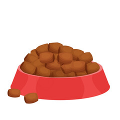 Dry pet food in red bowl in cartoon style isolated on white background. Dog or cat nutrition, container with dish. 