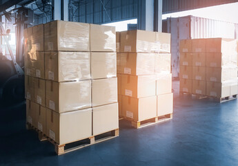 Packaging Boxes Wrapped Plastic Shipping Warehouse. Trailer Truck Parked Loading at Dock Warehouse. Supply chain Delivery Service. Shipping Warehouse Logistics. Shipment Freight Truck Transportation.