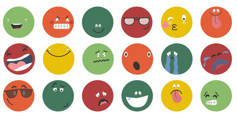 Round abstract comic Faces with various Emotions.  Different colorful characters. Emoticons set. Emoji faces emoticon smile, digital smiley expression emotion feelings, chat messenger cartoon emotes.