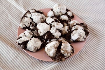 Homemade Chocolate Crinkle Cookies on a pink plate, side view.