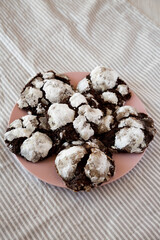 Homemade Chocolate Crinkle Cookies on a pink plate, side view.