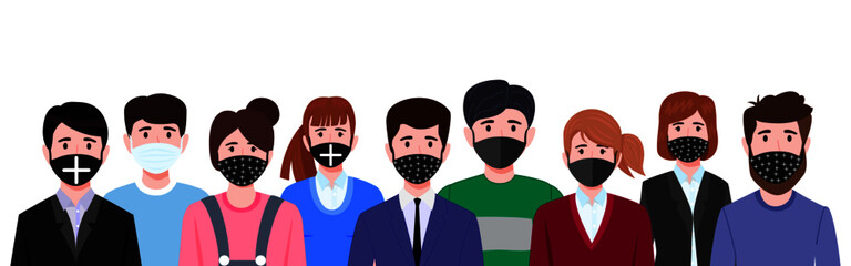 Cute young businessman and businesswoman characters team set wearing beautiful business outfit and facial fabric mask