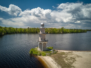 Aerial Drone image of the Lenape Lake Lighthouse in New Jersey