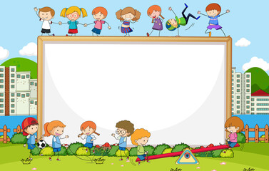 Park scene with blank banner and many kids doodle cartoon character