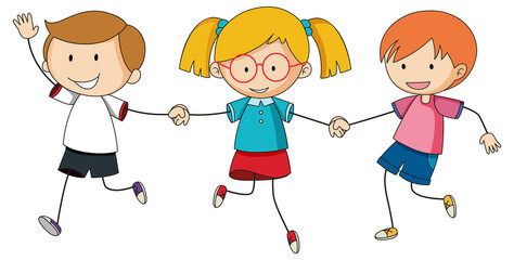 Three kids holding hands cartoon character hand drawn doodle style isolated