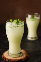 Spiced buttermilk , chaas , chaach , moru , sambharam , curd, lassi , yogurt, cool refreshing drink for hot summer in glass, Kerala, India Sri Lanka. Flavored Indian buttermilk.