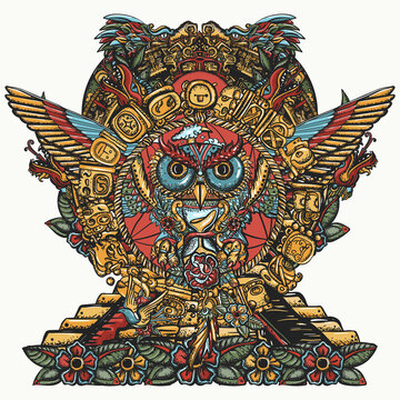 Magic owl and mayan pyramids old school tattoo and t-shirt design. Chichen Itzá. Mesoamerican mexico mythology and culture. Tribal totem and ancient glyphs