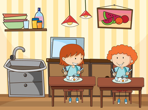 Little kids in the kitchen scene with equipments