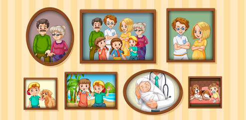 Set of happy family photo on the wooden frame