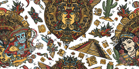 Mexico. Seamless pattern. Skeleton with guitar and mexican woman. Ancient mayan pyramids, and totem. National culture and people. Old school tattoo vector background