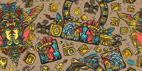 Mayan pattern. Golden glyphs, Kukulkan, totem, dragon, indian. Ancient mexican civilization. Aztec, inca background. Old school tattoo style
